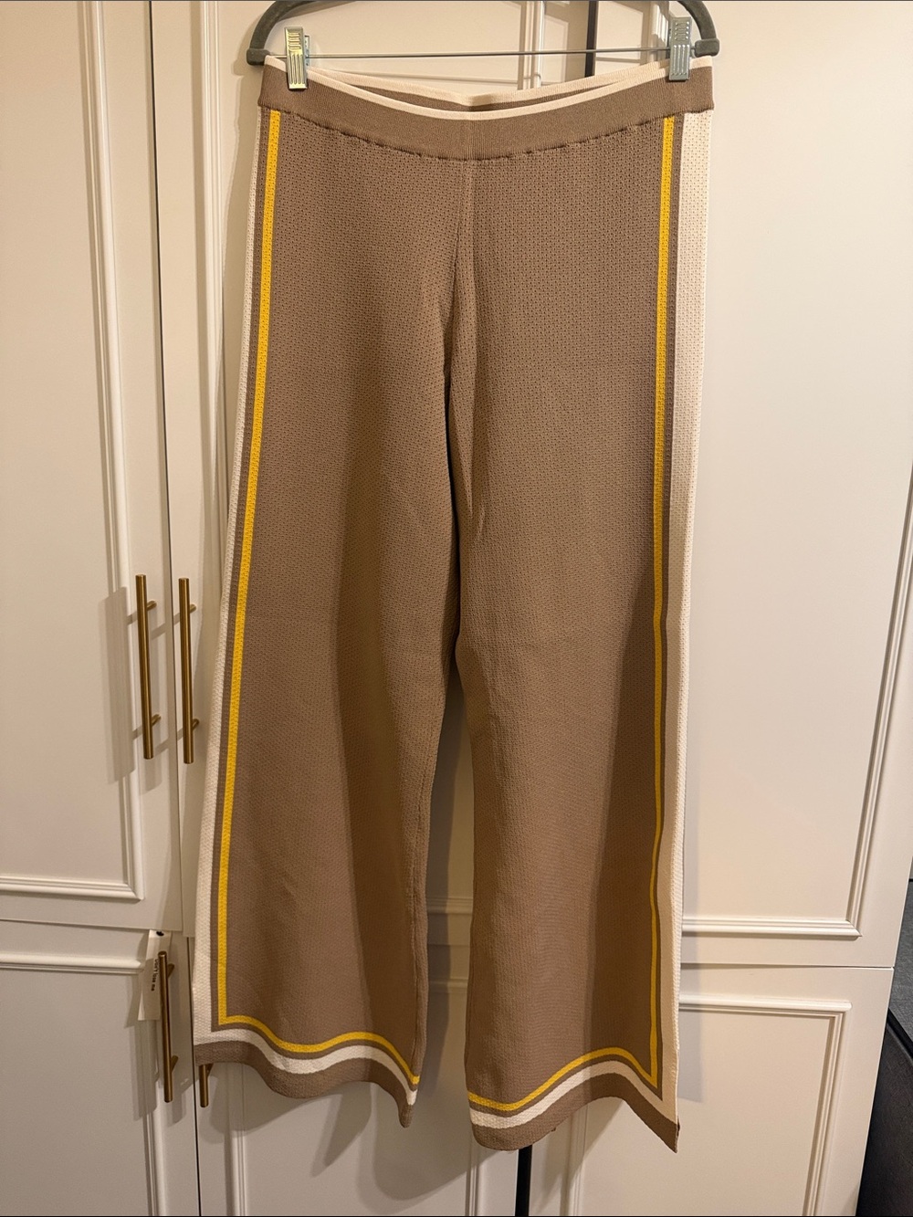 The Upside Taupe Wide-Leg Knit Pants with Yellow & Cream Trim
